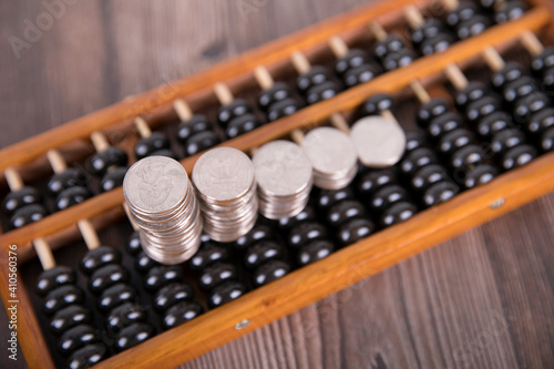 Chinese traditional abacus and dollar coin on abacus