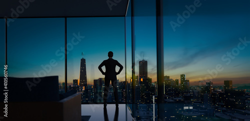 Young business man standing in the office. 3d rendering