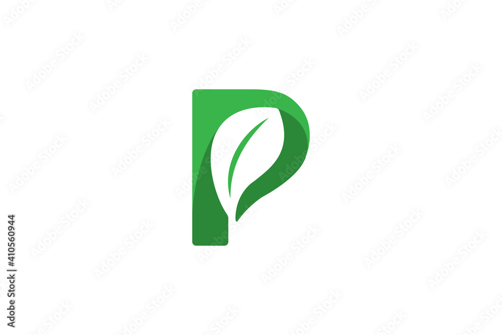 letter p fresh green nature logo with leaf negative space element design vector letter p fresh green nature logo with leaf negative space element design vector