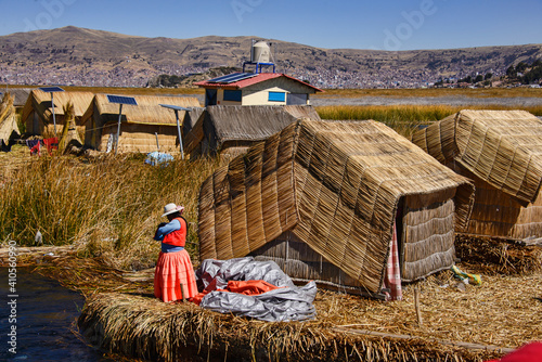 Uros totora reeds floating island, Lake Titicaca, Puno, Peru photo