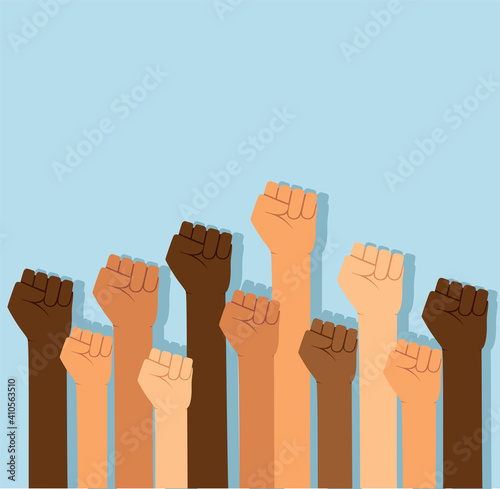 Group of fists raised in air. Group of protestors fists raised up in the air vector illustration 