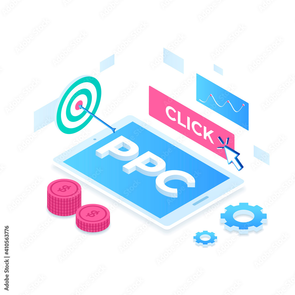 Pay per click illustration concept. Illustration for websites, landing pages, mobile applications, posters and banners Pay per click illustration concept. Illustration for websites, landing pages, mobile applications, posters and banners