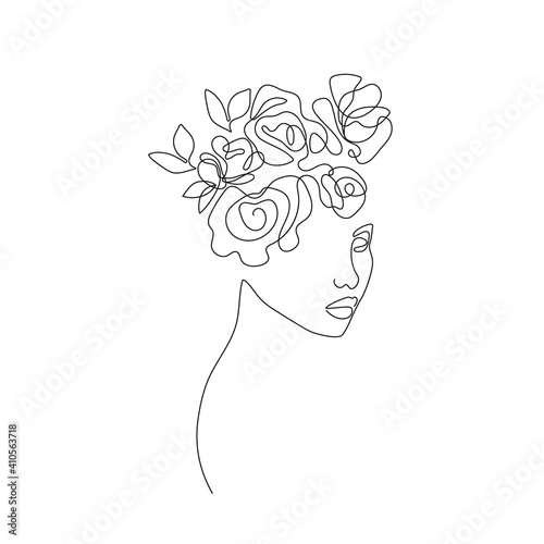 Woman Head with Flowers One Line Drawing. Continuous Line Woman and Flowers. Abstract Contemporary Design Template for Covers, t-Shirt Print, Postcard, Banner etc. Vector EPS 10.