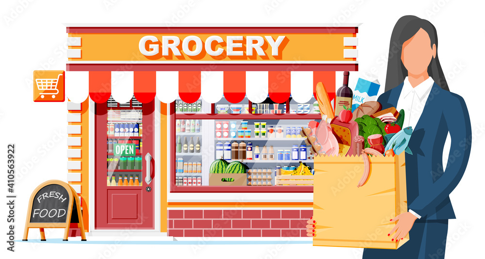 Grocery store and women customer. Wooden and brick facade. Glass showcase of boutique. Small european style shop exterior. Commercial, property, market or supermarket. Flat vector illustration