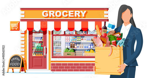 Fototapeta Naklejka Na Ścianę i Meble -  Grocery store and women customer. Wooden and brick facade. Glass showcase of boutique. Small european style shop exterior. Commercial, property, market or supermarket. Flat vector illustration