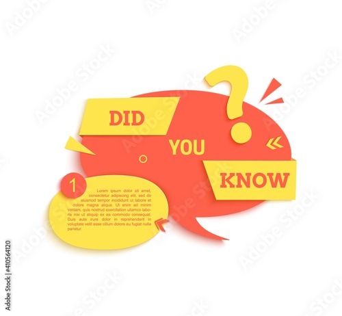 Did you know round speech bubble and in paper cut style. Quiz show yellow sticker in memphis retro style. 80s 90s banner with question sign and geometric shapes. Vector card illustration.