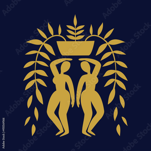 A silhouette of two naked women with plants. Simple vector flat illustration 