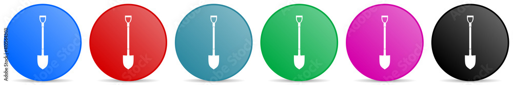Shovel, gardening tool vector icons, set of circle gradient buttons in 6 colors options for webdesign and mobile applications Shovel, gardening tool vector icons, set of circle gradient buttons in 6 colors options for webdesign and mobile applications