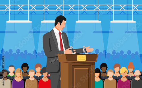 Orator speaking from tribune. Public speaker. Wooden rostrum with microphones for presentation. Stand, podium for conferences, lectures debates. Crowd, demonstrators, protest. Flat vector illustration photo