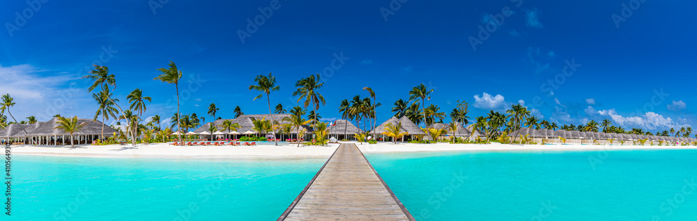 Idyllic tropical beach landscape for background or wallpaper. Design of tourism for summer vacation landscape, holiday destination concept. Exotic island scene, relaxing view. Paradise seaside lagoon