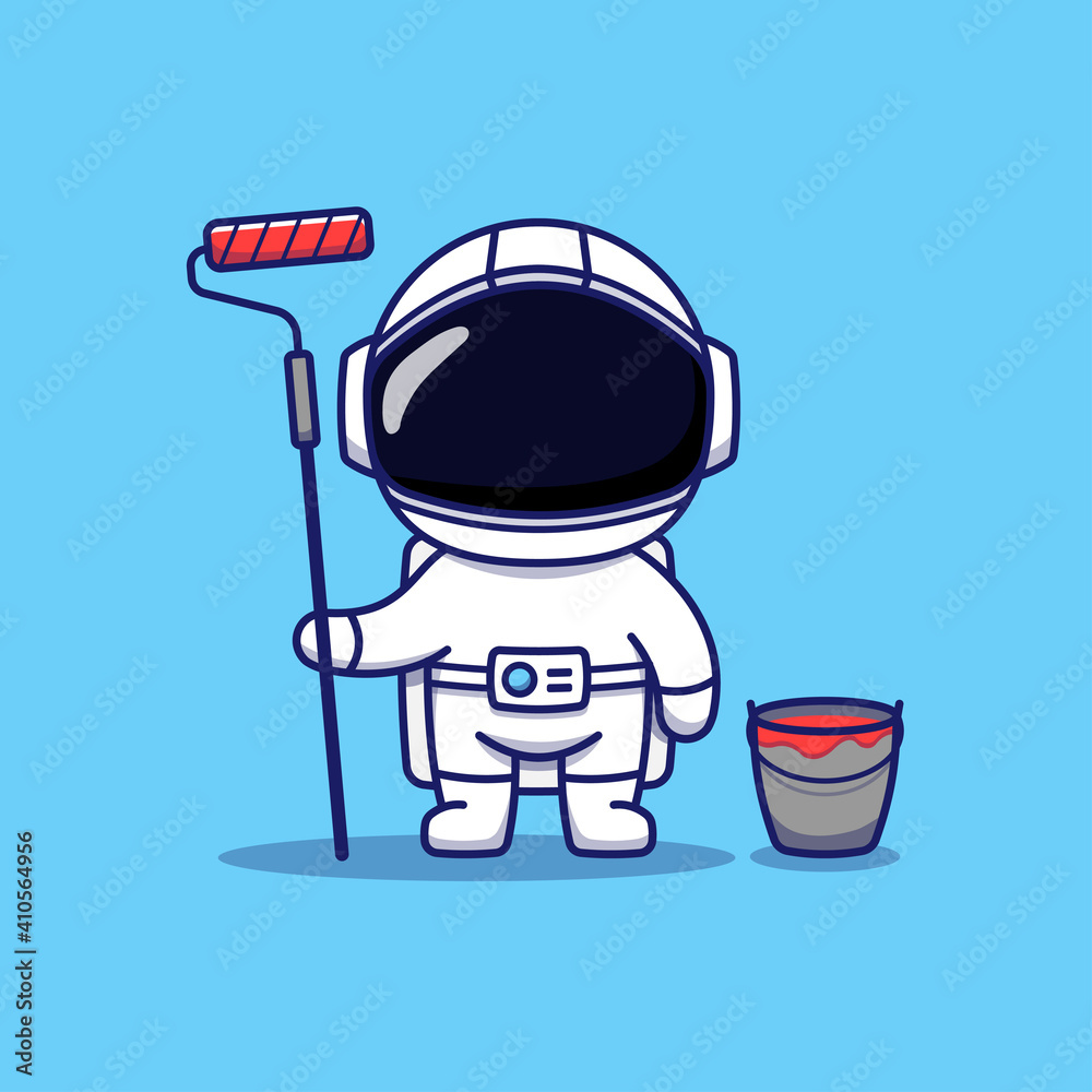 Fototapeta premium Cute astronaut with paint and bucket
