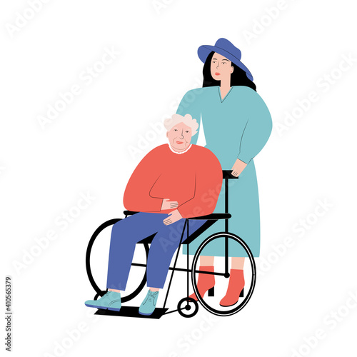 Social worker walking with an elderly woman in a wheelchair. A person with disabilities. Vector flat illustration on a white background