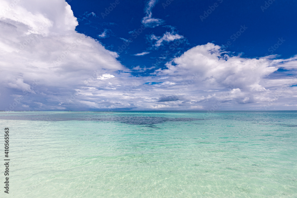 Seascape with sea horizon and deep blue sky and clouds in calm and sunny weather. Panoramic beautiful seascape with cloud on a sunny day. Endless blue ocean view