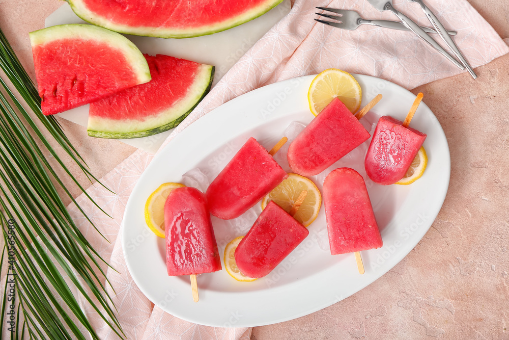 Plate with watermelon ice cream on light background Plate with watermelon ice cream on light background