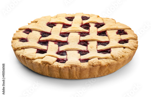 Tasty raspberry pie on white background