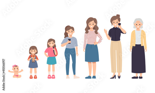 Asian woman growing old process life cycle from baby to senior age. Flat vector character isolated