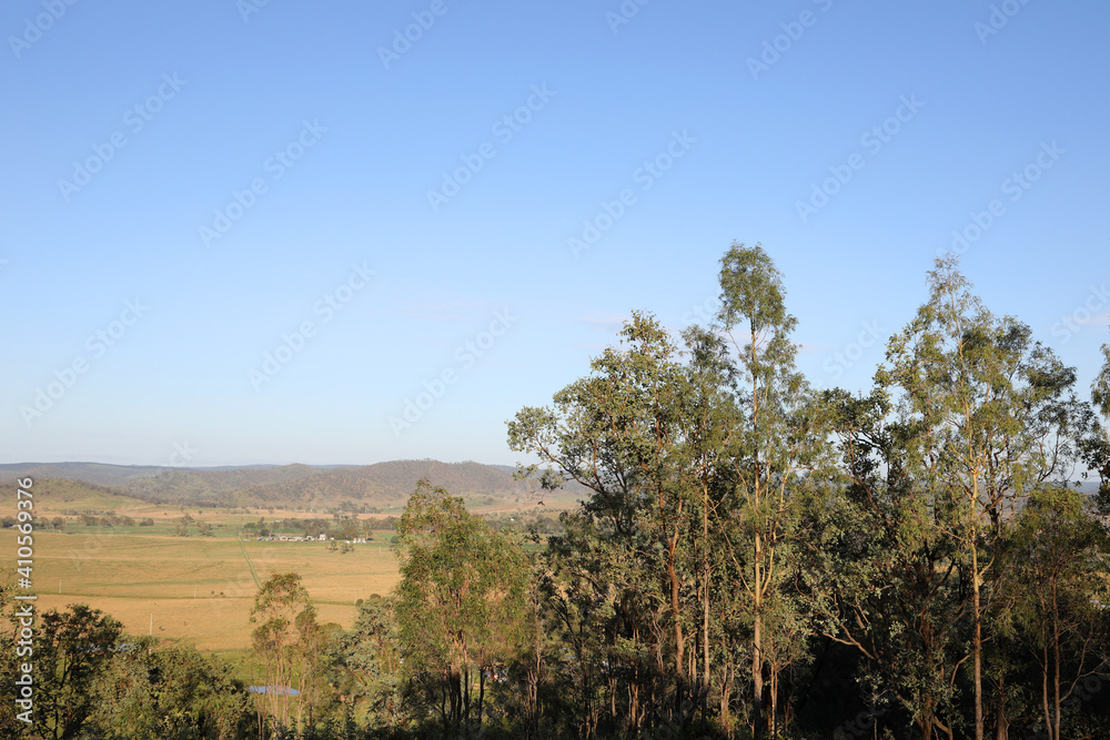 Stunning image of early morning in Somerset Area of Queensland, Australia with mountains and trees with grassy paddocks and fog