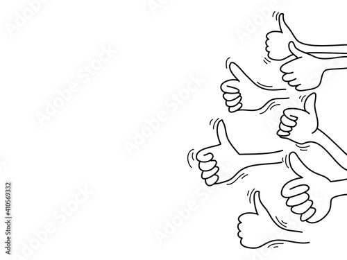 doodle hands up set. thumbs up hand drawn. isolated on white background. vector illustration