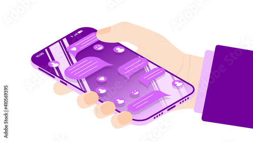 Social media. Man communicates in chat. Isometric concept. Vector illustration.