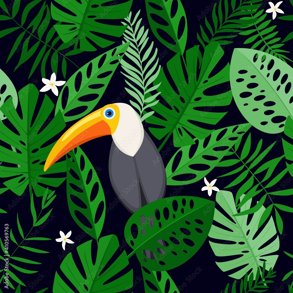 Fototapeta premium Seamless pattern with tropical flowers and leaves with toucan bird. Hand drawn, vector, bright colours. Background for prints, fabric, wallpapers, wrapping paper..