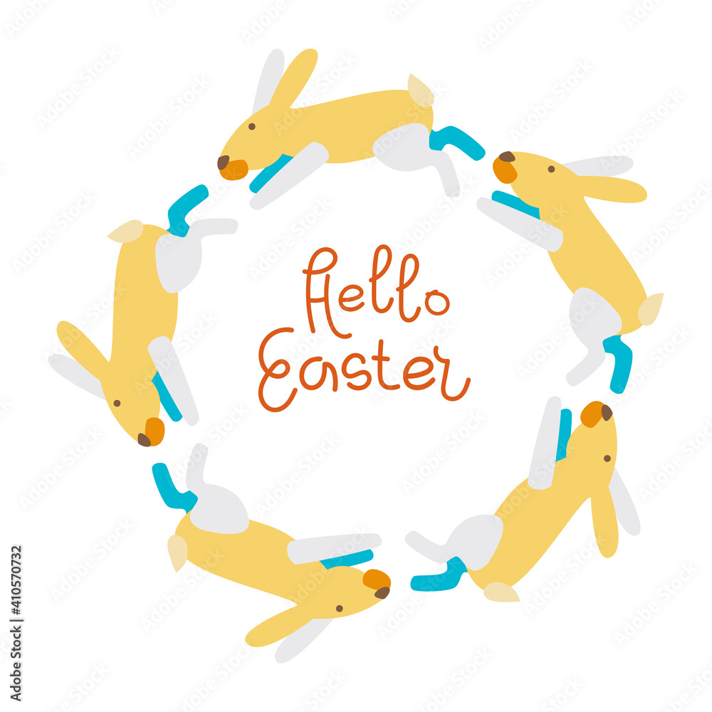 Vector illustration. The inscription Hello Easter and a frame of yellow rabbits around. For poster and congratulation.. Vector illustration. The inscription Hello Easter and a frame of yellow rabbits around. For poster and congratulation..
