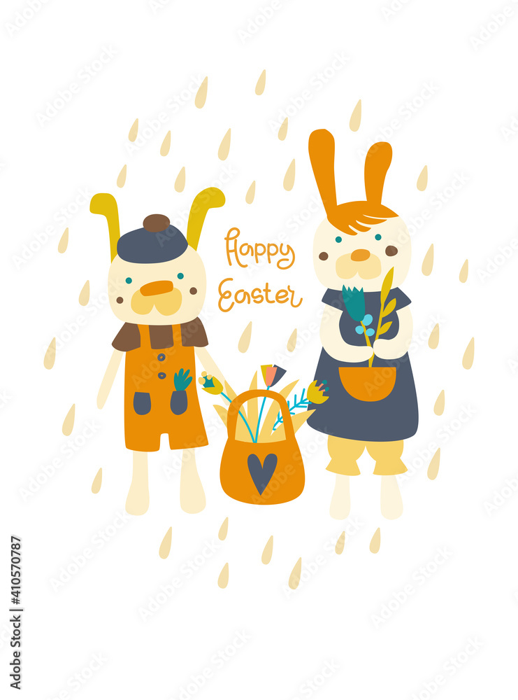 Fototapeta premium Vector illustration. Two rabbits in clothes with a basket of flowers and the inscription Happy Easter. For poster and congratulation..