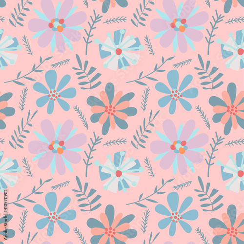 Vector illustration seamless pattern on the theme of Easter. Abstract flowers on coral background. For poster and congratulation..