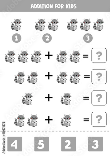 Addition game with cute cartoon raccoon. Math game for kids.