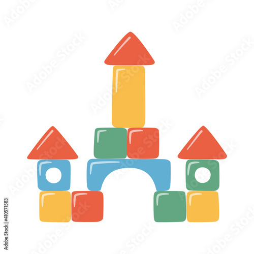 Towers of children toy blocks. Multicolored kids bricks for building and playing. Education toys for preschool kids for early childhood development. Vector illustrations on white background