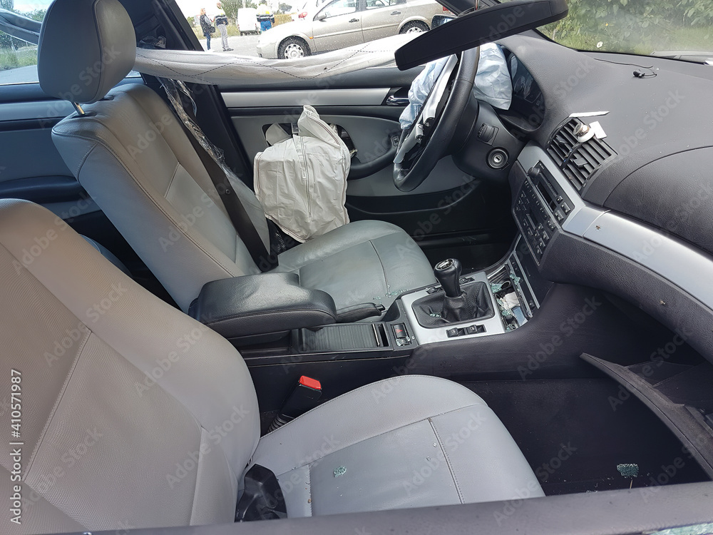 Madrid Spain; 11/03/2019: interior of a car with airbag after an accident Madrid Spain; 11/03/2019: interior of a car with airbag after an accident