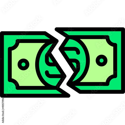 Torn banknote icon, Bankruptcy related vector
