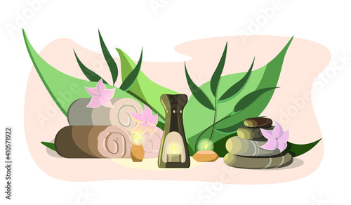 Spa kit. Towels, Candles, Aroma lamp, Therapy, Massage stones, Pink flowers, Green leaves