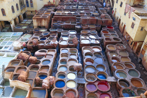 Fez  Morocco - October 22th 2018. The town of Fez in the Kingdom of Morocco had three tanneries and the largest was Chouara tannery. This place has been around for 1000 years