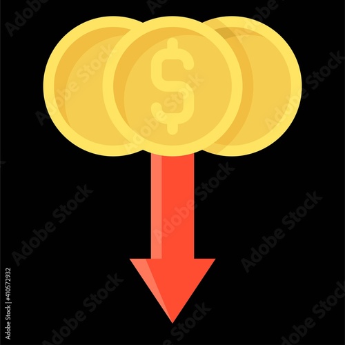 Coins with down arrow icon, Bankruptcy related vector