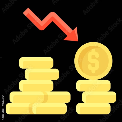 Coins with down arrow icon, Bankruptcy related vector