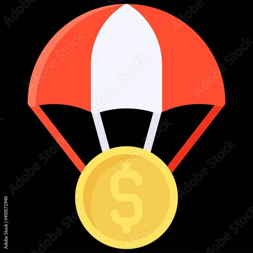 Coin with Parachute icon, Bankruptcy related vector