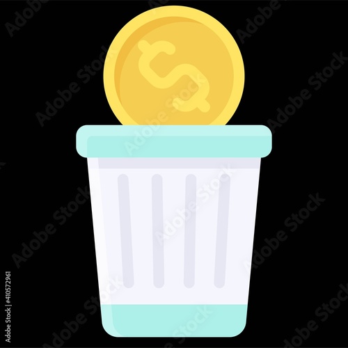 Throwing coin to bin icon, Bankruptcy related vector