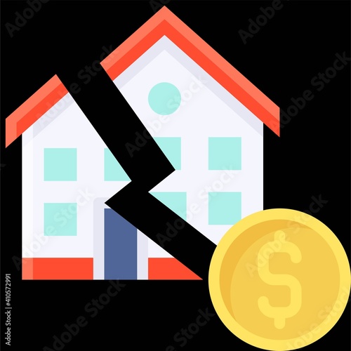 Broken house with coin icon, Bankruptcy related vector