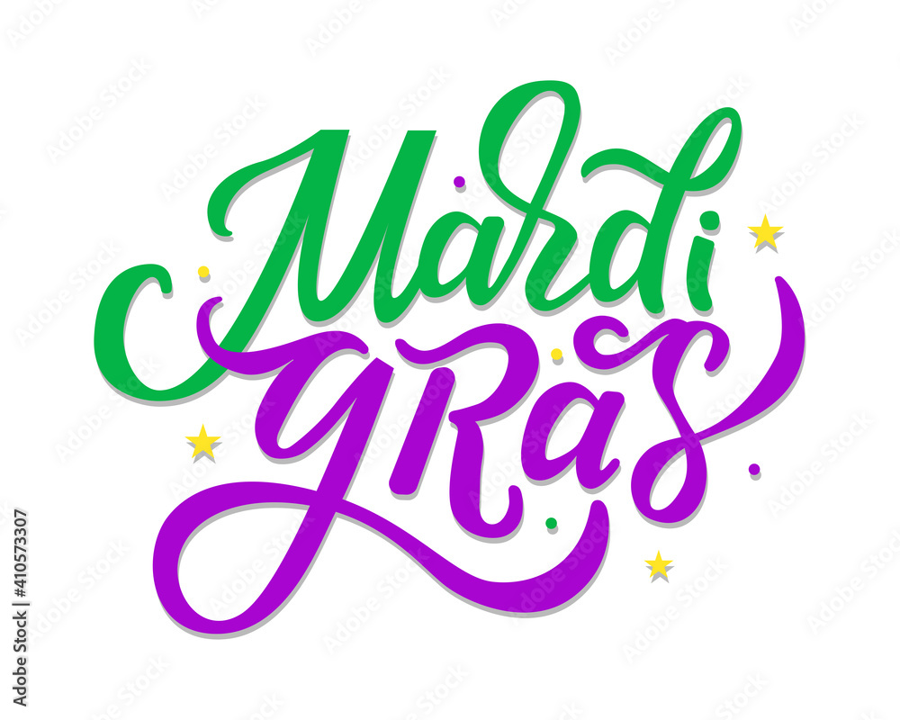 Mardi Gras vector lettering for carnival, filigree calligraphic font. Mardi Gras cheerful text with beads flat design. EPS 10 vector