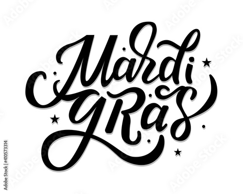 Graphic hand drawn Mardi Gras Louisiana New Orleans carnival poster image. Mardi Gras lettering . Fun mystery holidays sign design. Handwritten