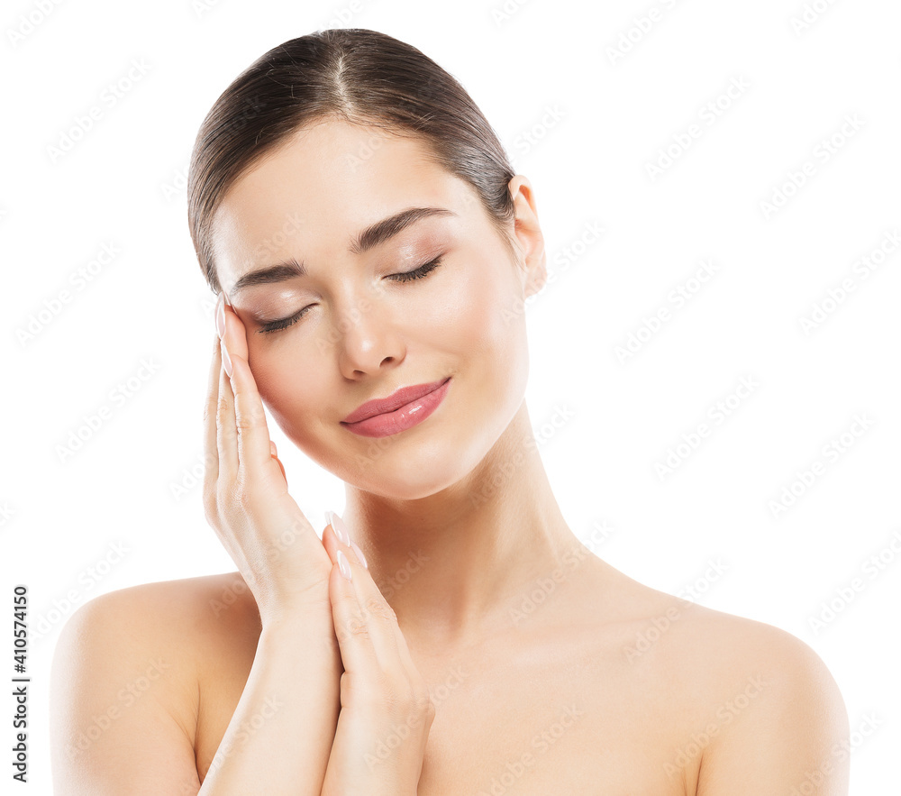 Beauty Woman Face Portrait. Spa Model Clean Fresh Skin Care. Perfect Facial and Hand Nails Treatment. Isolated White Beauty Woman Face Portrait. Spa Model Clean Fresh Skin Care. Perfect Facial and Hand Nails Treatment. Isolated White