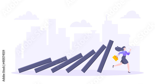Domino effect or business resilience metaphor vector illustration concept. Adult young businesswoman run away from falling domino line business concept problem solving and danger domino chain reaction