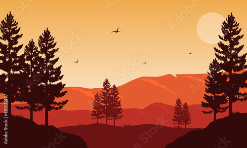 Beautiful nature scenery at twilight on the edge of the city. Vector illustration