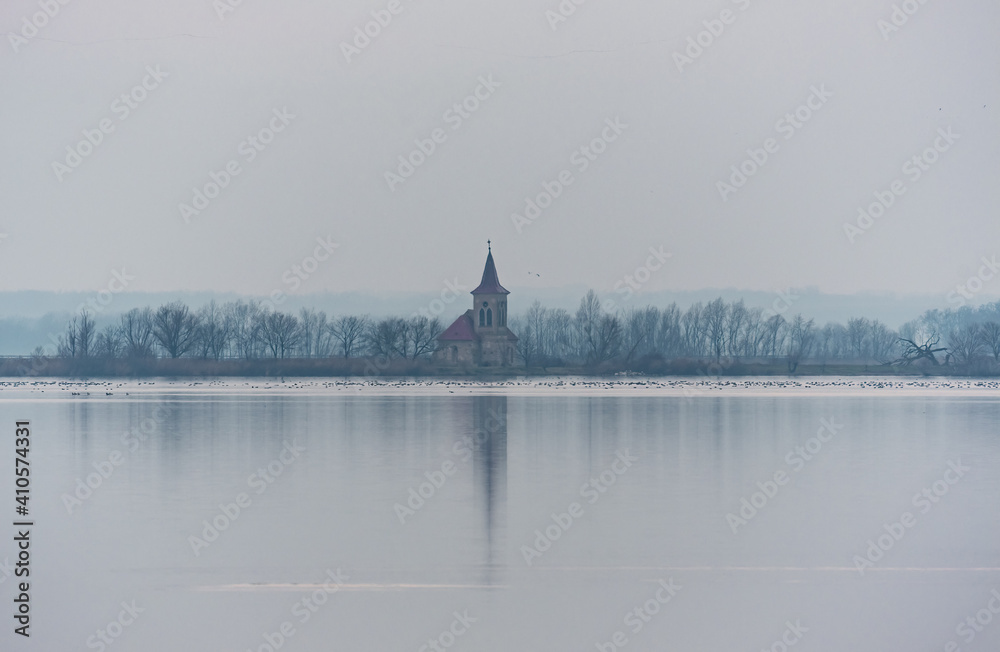 church across the water surface