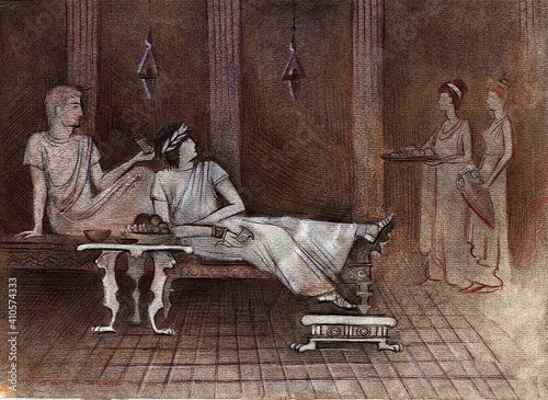 Canvas Print Rich Roman men drink wine on sunbeds, they are served by young slaves, in whose