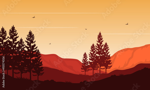 A wonderful scenery of trees and mountains on a warm afternoon. Vector illustration