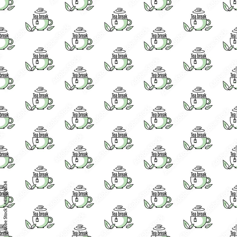 Tea break. Green tea. Cup, green fresh mint leaves.Tea background.  Seamless pattern. Design for textiles, web, app, packaging materials. Vector graphic illustration isolated on white background. 