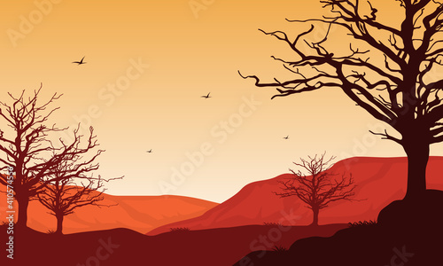 Warm afternoon with nice nature scenery. Vector illustration