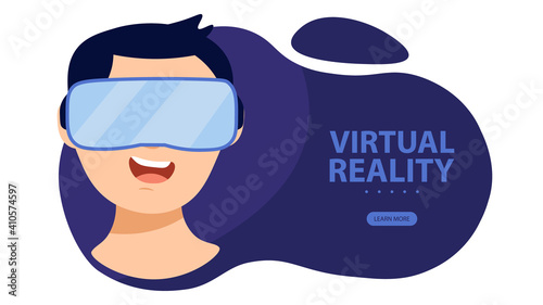 Young man wearing virtual or augmented reality glasses. Boy using VR headset for education or games. Vector illustration.