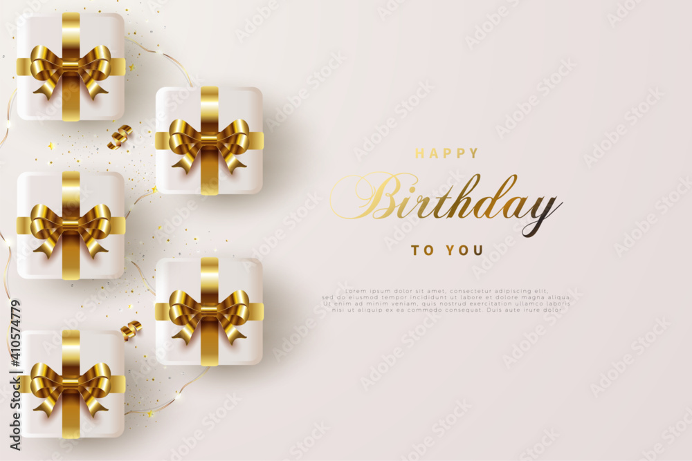 Happy birthday background with four gold ribbon gift boxes that are ...